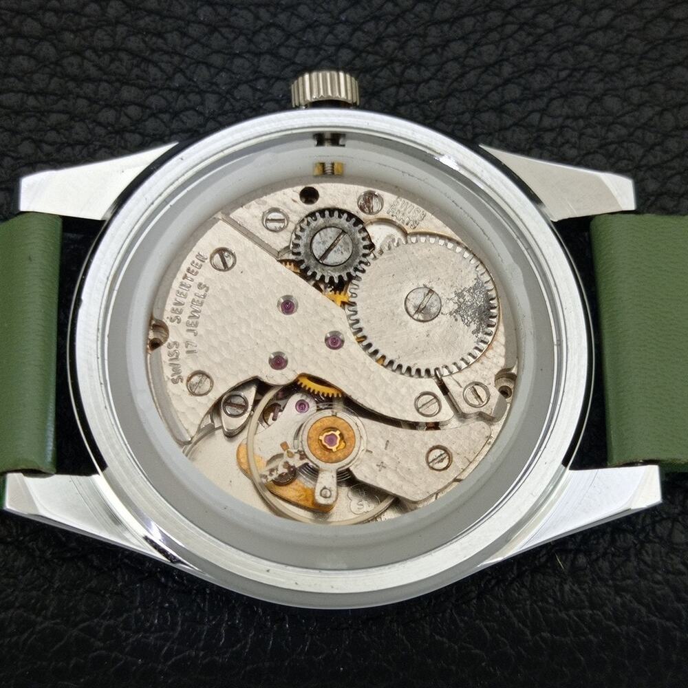 Vintage 1970 Roamer Manual Mens Silver Watch W/Leather Strap & Green accents - Picture 9 of 9